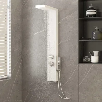Produktbild von Duschpaneel-System mit Regenfalldusche, Wasserfall, Massagedüsen und Handbrause, Aluminium weiß, 15x47x114 cm