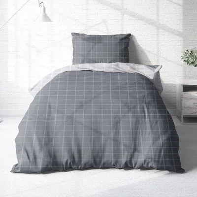 Image de Ensemble de literie en flanelle de coton (1 housse de couette + 1 taie d'oreiller), motif carreaux gris, doux et respirant – idéal pour l'hiver