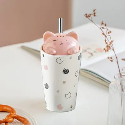 Zdjęcie produktu dla Ceramiczna butelka na napoje Kawaii z kotem pijącym kawę, urocza, 3D, ceramiczna, prezenty dla kobiet
