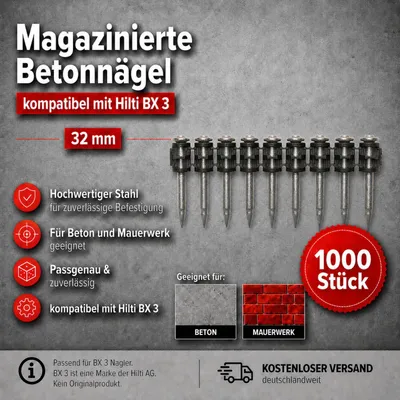 1000 Stück Betonnägel 20 mm für Hilti BX 3, Stahlnägel zur Befestigung in Beton und Mauerwerk