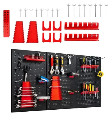 Immagine prodotto di Pannello portautensili - Pannello forato con set di 28 supporti - 120 x 60 cm - 3 pannelli forati - Plastica - Nero