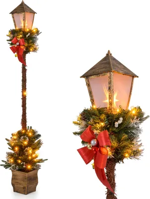 Obrázok produktu pre COSTWAY Vianočný lampáš 187 cm, vianočná dekorácia s LED diódami, zasnežené konáre, bobule a šišky, pouličný lampáš, vianočné osvetlenie