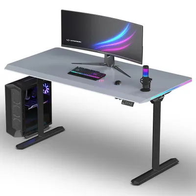 Produktbild von Ultradesk QUEST - Schwarz/Grau - Gaming Tisch mit elektrischer Höhenverstellung und LED RGB Prismatic Beleuchtung, 140x70cm Platte, Kabelverwaltung
