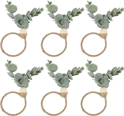 Produktbild von Serviettenring mit Eukalyptusblatt und Holzperle, einzigartiges Design, Serviettenhalter im Bauernhausstil, Weihnachtsfeier, Tischdekoration