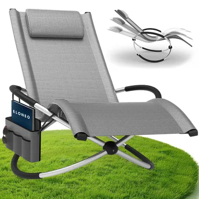 Image de ELONEO chaise longue à bascule Outdoor avec sac, chaise longue de relaxation jusqu'à 180kg, chaise à bascule Outdoor, chaise longue résistante aux intempéries, chaise longue pour bronzer, gris à carreaux