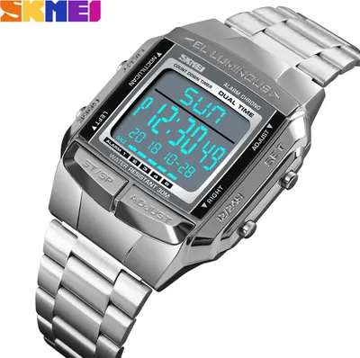 Produktbild von SKMEI 1381 Herren Analog Digital Uhr Mode Casual Sport Armbanduhr 2 Zeit 5 Alarm 3ATM Wasserdicht Edelstahlband Hintergrundbeleuchtung Multifunktional