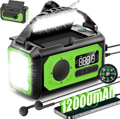 Obrázok produktu pre Solárne núdzové rádio – 12 000 mAh, 2 solárne panely, solárne/ručné nabíjanie, AM/FM, nabíjačka telefónov, LED baterka, SOS alarm, zariadenie pre kempovanie a núdzové situácie v exteriéri, zelené