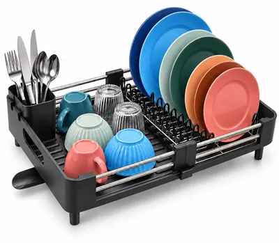 Produktbild von Relaxdays Abtropfgestell, Besteckkorb & Abtropfschale, ausziehbar, Küche, Abtropfgitter Kunststoff, Edelstahl, schwarz, KI-generiertes Bild