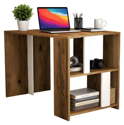 Produktbild von Schreibtisch Schedar, Mehrzweckschreibtisch, Bürotisch für PC, Eckschreibtisch, 120x60h75 cm, Walnuss und Weiß