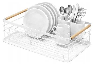 Produktbild von Geschirrabtropfer Weiß – Abtropfgestell mit Besteckhalter, Geschirrtrockner für Küche, 43 × 32 × 14 cm