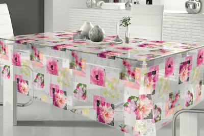 Produktbild von PVC Tischdecke Transparent Klarsichtfolie mit Druck PAULIN - Eckig - Länge & Breite wählbar - abwaschbar - Blumen Blüten pink, Größe:130 x 260 cm
