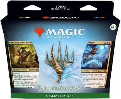 A Magic: The Gathering Bloomburrow Starter Kit box, showing two example cards and the game's logo.