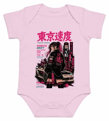 Immagine prodotto di Body per neonato, stile anime, con immagini di Tokyo, velocità, drifting, Shibuya, auto giapponesi (JDM), notti di Tokyo, stile anni 2000, colore rosa, taglia 12/18 mesi