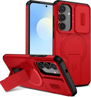 Immagine prodotto di Custodia magnetica per Samsung Galaxy S25 FE, custodia resistente a due strati con protezione della fotocamera scorrevole e supporto regolabile Rosso