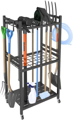 Productafbeelding van Unyqoos® opbergoplossing voor tuingereedschap, met 35 vakken, 3 plateaus, 4 haken en 4 zwenkwielen – gepoedercoat staal, 42 x 30 x 80 cm, draagvermogen 50 kg, geschikt voor binnen- en buitengebruik