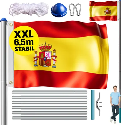 Produktbild von MONZANA® Fahnenmast 6,5m Seilzug Bodenhülse inkl. Spanien Flagge Spanische Nationalflagge Fahne höhenverstellbar Flaggenmast Aluminium Teleskop Fahnenstange