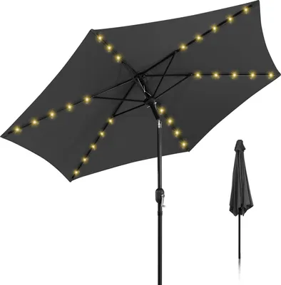Obrázek produktu pro Jayseuw konzolový slunečník 270 cm s LED solárním osvětlením, 30° sklápění, UV ochrana, klička - šedý - Zahradní slunečník Tržní slunečník Slunečník s kličkou