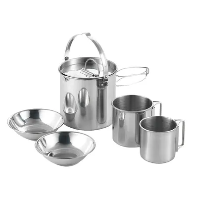 Produktbild von 5-teiliges Edelstahl Camping Kochgeschirr Set Reisegeschirr Outdoor Topf Pfanne Zubehör