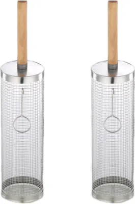Produktbild von 2er-Pack Grillkörbe aus Edelstahl mit abnehmbaren Holzgriffen, rollender Grillkorb mit Grillzubehör aus Edelstahl für den Außenbereich