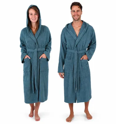 Produktbild von Betz Bademantel Frottee mit Kapuze für Herren und Damen Berlin 100% Baumwolle Saunabademantel - langer Bademantel - Saunamantel Größe - L/XL - taubenblau