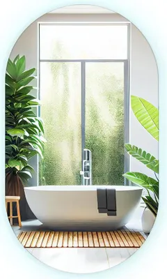 A modern bathroom with a freestanding bathtub and lush green plants, overlooking a misty outdoor scene through a large window.