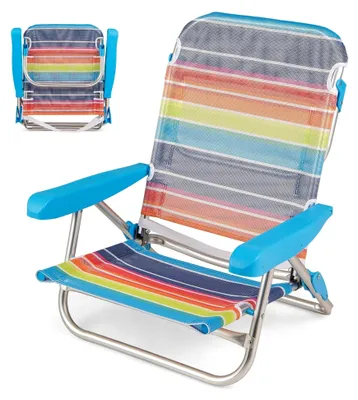 Produktbild von Klappbarer Strandstuhl, Campingstuhl mit 5-fach verstellbarer Rückenlehne, 2-in-1 Klappstuhl und Liegestuhl, bis 150 kg (64 x 63 x 74 cm, Blau + Bunt, 2)