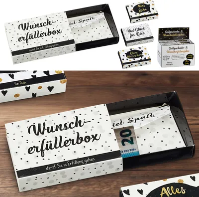 Produktbild von Geschenkbox 24er Set 4 Motive 10x7x2cm Karton weiß schwarz gold Schachtel Wunscherfüllerbox Briefumschlag Geldgeschenke