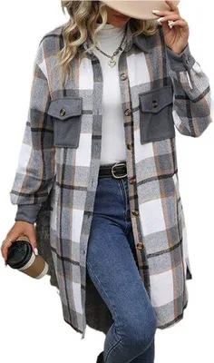 Produktbild von Damen Casual Revers Button Down Lange Karierte Hemdjacke Herbst Winter Fleece Trenchcoat Taschen Shacket Jacke