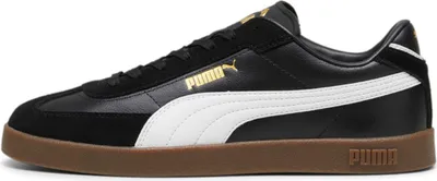 A side view of a black Puma Club II Era shoe with white and gold accents and a brown sole.