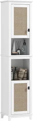 Produktbild von Badezimmerschrank - Hochschrank mit 2 Türen - Rattanfront - 40 x 30 x 167,5 cm - Montage erforderlich - Weiß