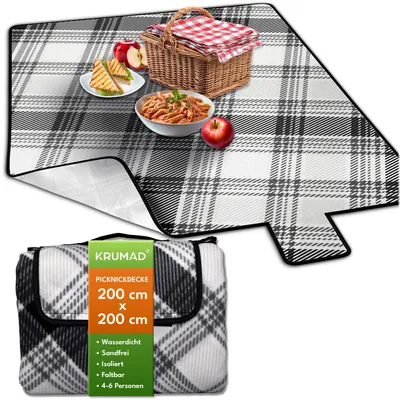 Produktbild von KRUMAD Picknickdecke Wasserdicht 200x200 cm XXL Isoliert Outdoor Campingdecke Faltbar mit Tragegriff Grau Schwarz
