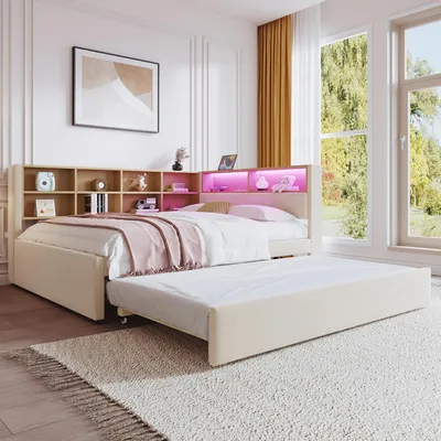 Image de Canapé-lit 140x200 cm, avec éclairage LED, avec port USB, avec espace de rangement, avec étagères, de couleur gris foncé