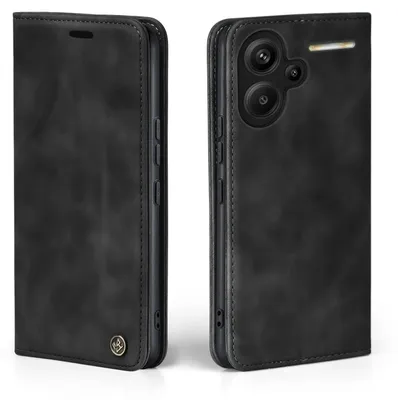 A black flip case for a smartphone is shown from two angles.