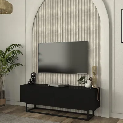 Produktbild von TV-Lowboard 'Nolven' mit 2 Klapptüren kurzes Gestell 135 x 32 x 47 cm Schwarz