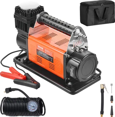 Obrázek produktu pro VEVOR přenosná 12 V pumpa na huštění pneumatik, 7,06 CFM, 150 PSI, terénní vzduchová pumpa s adaptérem, včetně 6,5 stop dlouhého napájecího kabelu, 26 stop dlouhé vzduchové hadice s manometrem, přepravní tašky