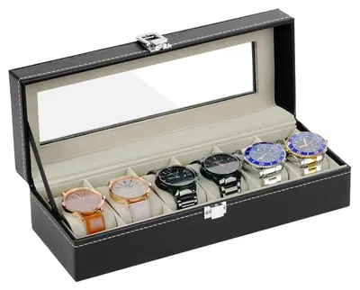 Produktbild von Uhrenbox 6-fach mit Glasdeckel, Kunstleder Schwarz