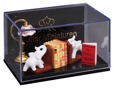 Produktbild von 2 Buchstützen mit Elefantenfigur, Büchern und Lampe als Miniatur