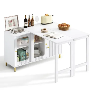 Produktbild von Moderner Buffet-Sideboard mit klappbarer und ausziehbarer Tischplatte, drehbarer Oberfläche, goldenen Metallbeinen, Glasschiebetüren und Wellenmuster