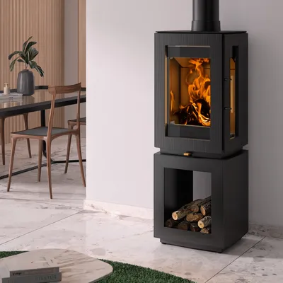Produktbild von Hergom Glow Kaminofen Gusseisen Schwarz mit Holzlagerfach