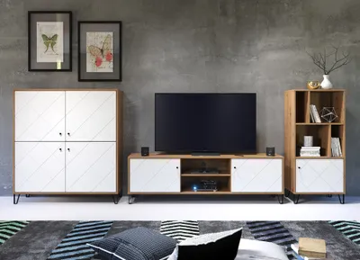 Produktbild von Wohnwand modern TORINO-19 in Artisan Eiche Nb. mit weiß matt, B/H/T: ca. 399/136/40 cm