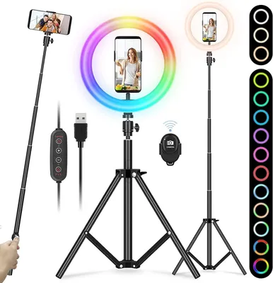 Produktbild von Ringlicht RGB, 26 Farben, 10 Helligkeitsstufen, mit verstellbarem Stativ und Fernbedienung für Selfies und YouTube-Videos