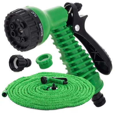 Produktbild von Flexibler Gartenschlauch 5-15 m 1 Set Grün Dehnbarer Wasserschlauch mit 7-Funktionen-Brause