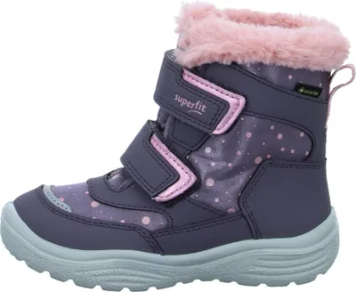 A single purple boot with pink polka dots and pink fur trim is shown against a white background.