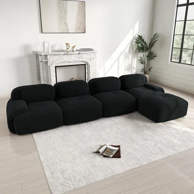 Produktbild von MODFU 4-Sitzer Ecksofa Cord,Modulares Sofa mit Geschwungene Armlehnen und Rutschfeste Unterseite,Rahmenloses Loungesofa mit 1 Ottoman,Schwarz