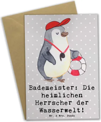 Produktbild von Mr. & Mrs. Panda Grußkarte Bademeister Herrscher - Grau Pastell - Geschenk, hochzeitskarten, Berufspassion, Sicherheit, Berufsliebe, wachsames Auge, osterkarten, Beruf