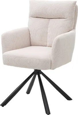 A beige corduroy armchair with a black swivel base, shown against a white background.