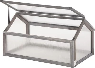 Image de Outsunny Serre en bois 90 x 52 x 49,5 cm, serre avec couverture, translucide, résistante à l'hiver, pour jardin, balcon, gris