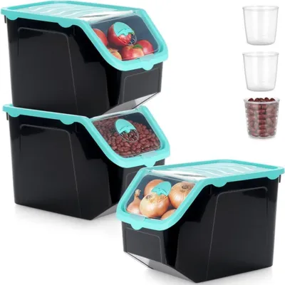 Image de Vilde | Récipients alimentaires - 3 pièces - Récipients pour la conservation des fruits et légumes - avec couvercle - noir et bleu - 12 l