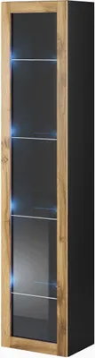 Produktbild von Furniture24 Hängevitrine Vigo, Vitrine, Vitrinenschrank, Hängeschrank, Wandvitrine, Wandschrank mit 1 Tür, Schrank, Wohnzimmerschrank, Grifflose, "Push to open" Schwarz / Wotan Eiche