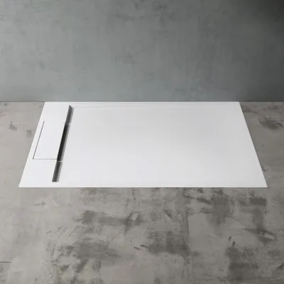 Produktbild von doporro Duschtasse Duschwanne 75x100x4 flach Mineralguss in Weiß DIN-Anschlüsse für bodenebene Montage geeigne inkl. Ablaufgarnitur Geoma04